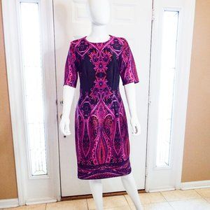 CHETTA B HALF SLEEVE SCROLL PRINT SHEATH DRESS - SZ 8